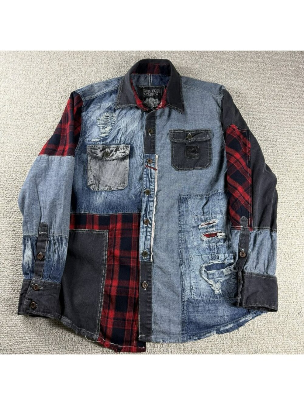 Heritage America 1776 Distressed Denim Patchwork Long Sleeve Shirt Men’s Size XL